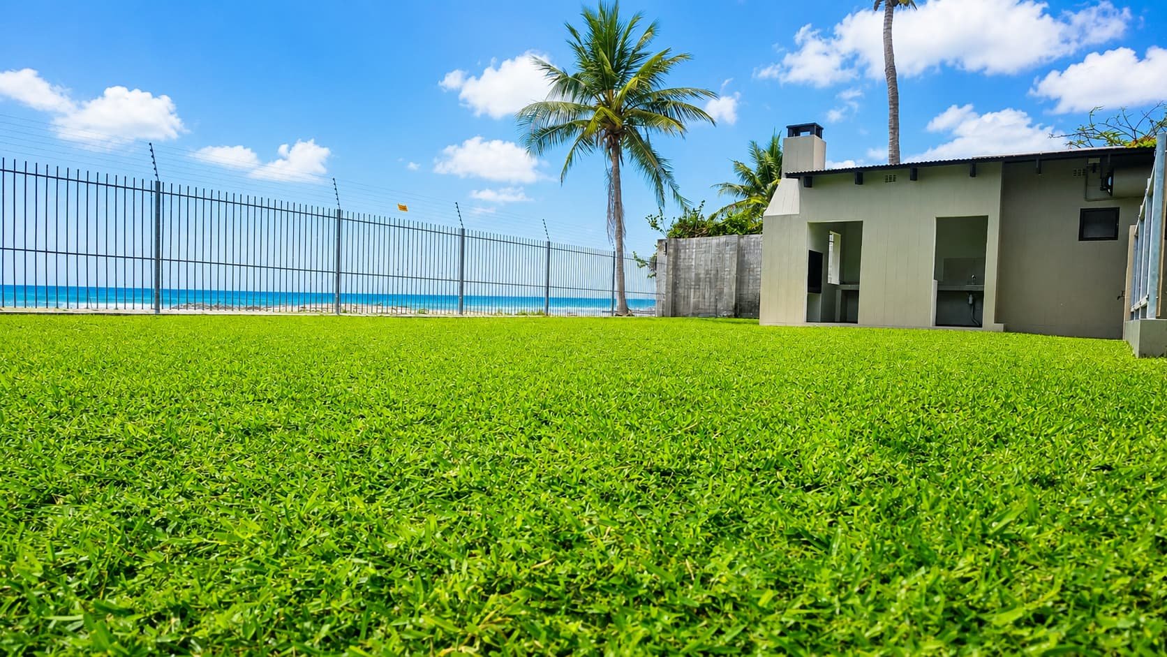 Beachfront stand's private lawn with sea views over the boundary fence