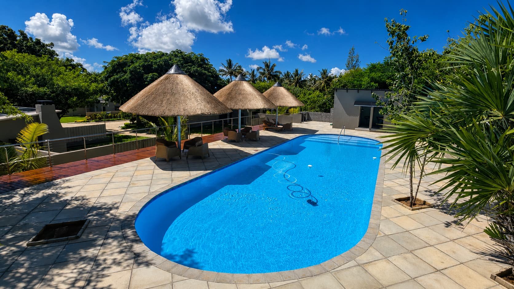 Elevated view of the swimming pool and thatched umbrellas