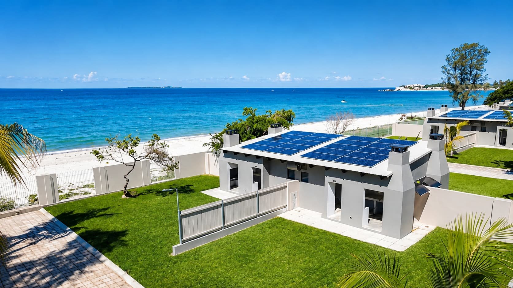 Beachfront stand with sea view and solar panels, steps from the white sand beach