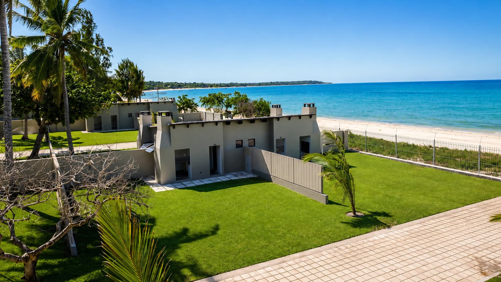 Aerial view over the Beachfront grounds toward the ocean