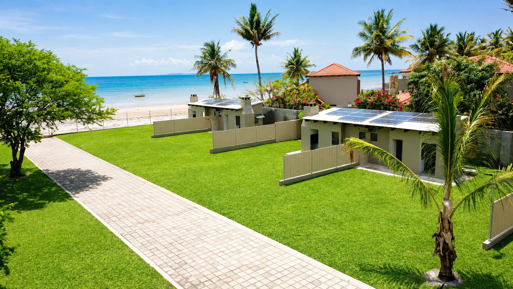 Palm-lined Premium stands with the ocean visible in the distance