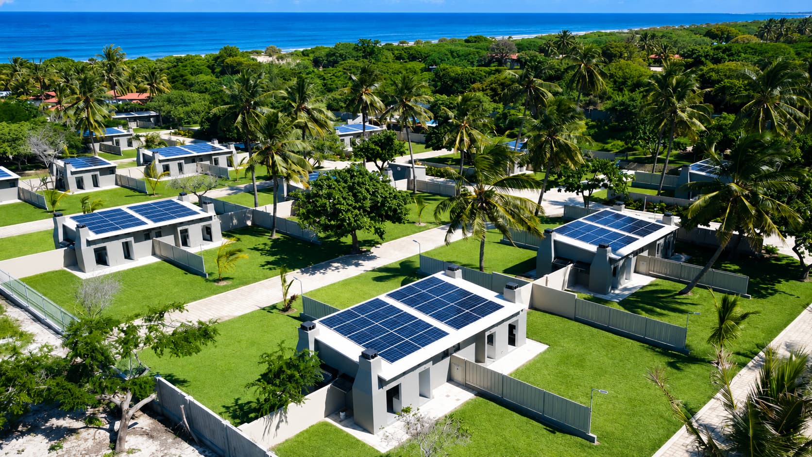 Aerial view of stand rooftops with solar panels and the ocean beyond the trees